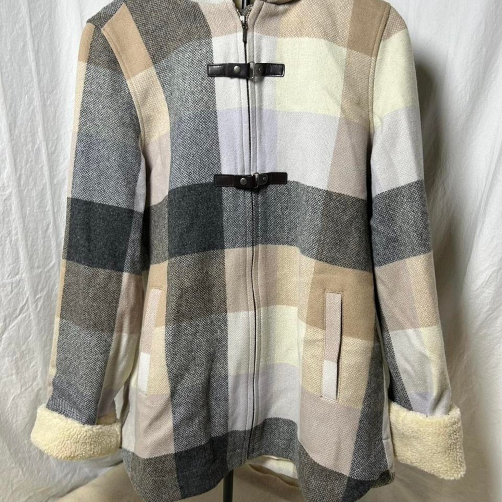 Pendleton Coat Women large Toggle Tassle Wool Blend plaid Trench Peacoat Jacket